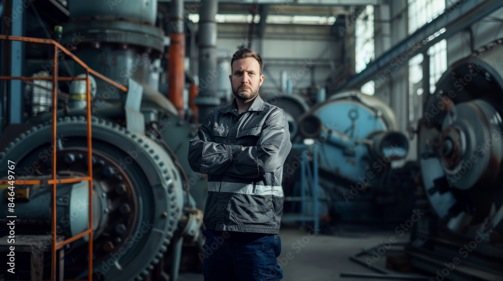 A determined industrial worker in safety attire stands with crossed arms amidst heavy machinery in a large, well-lit factory setting. A determined industrial worker in safety attire stands with crossed arms amidst heavy machinery in a large, well-lit factory setting.