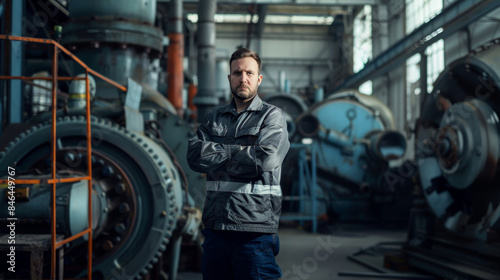A determined industrial worker in safety attire stands with crossed arms amidst heavy machinery in a large, well-lit factory setting.