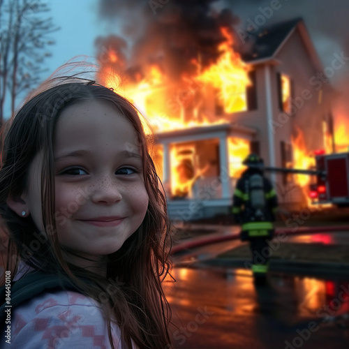 Meme of a smiling girl in front of a burning house
