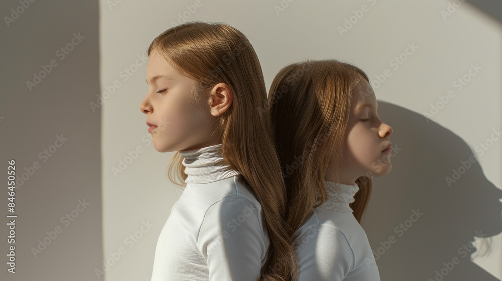 Two identical young girls with long, flowing hair stand back-to-back in a serene, minimalist setting, eyes closed in contemplative stillness. Two identical young girls with long, flowing hair stand back-to-back in a serene, minimalist setting, eyes closed in contemplative stillness.