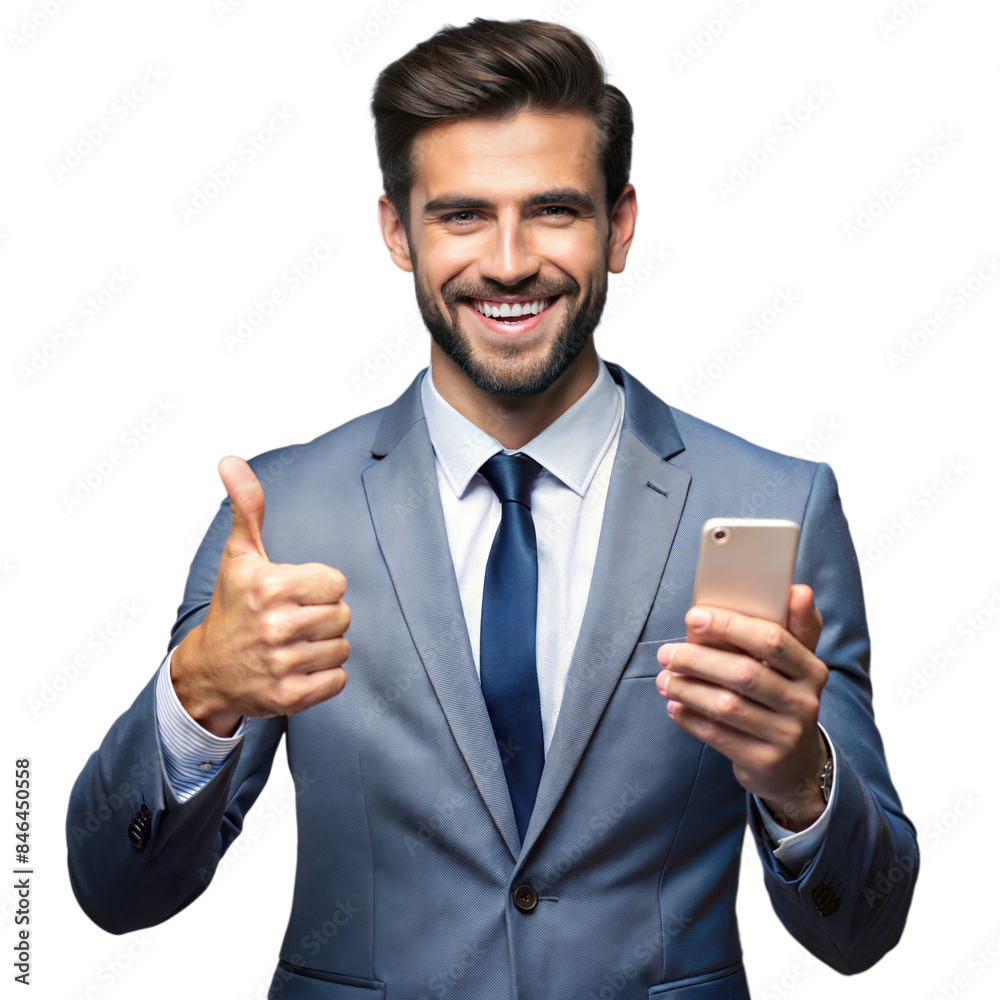 Confident businessman smiling and showing thumbs up with smartphone Confident businessman smiling and showing thumbs up with smartphone
