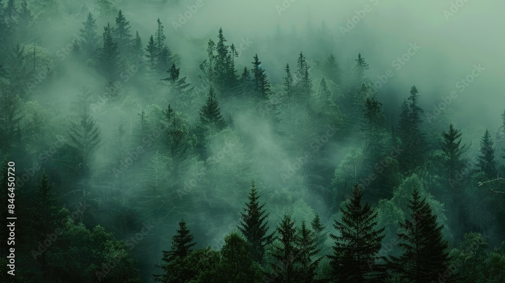 Scene of a forest shrouded in mist Scene of a forest shrouded in mist