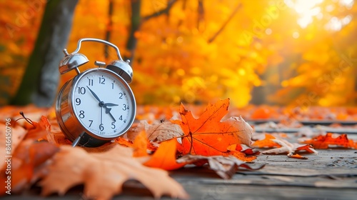 Alarm clock and orange leaves on wooden table during autumn.