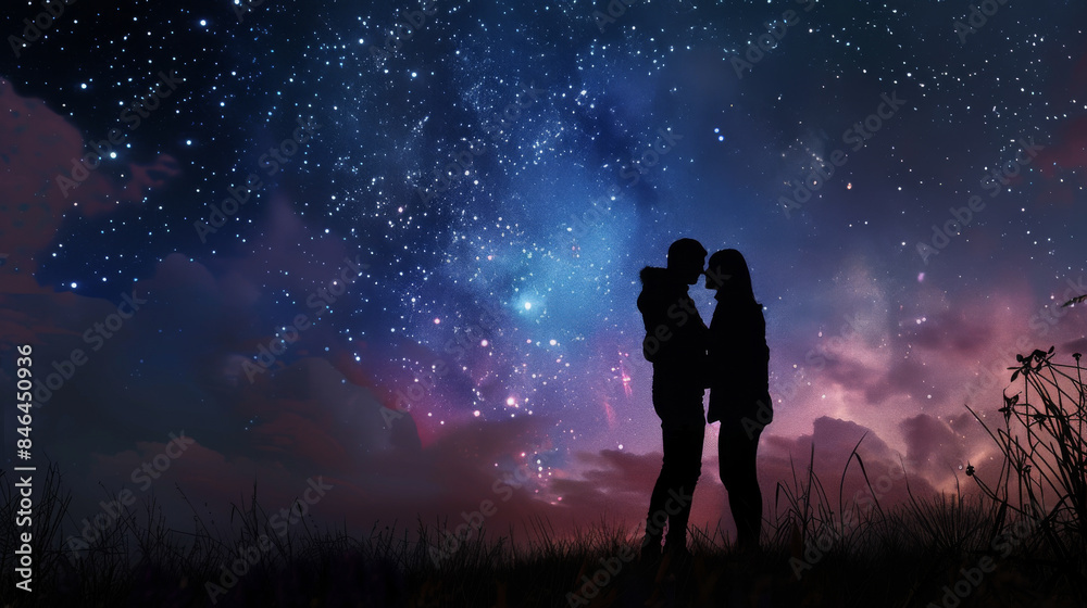 Two silhouettes share a tender moment beneath a breathtaking star-filled sky, standing among tall grass against a backdrop of cosmic wonder. Two silhouettes share a tender moment beneath a breathtaking star-filled sky, standing among tall grass against a backdrop of cosmic wonder.