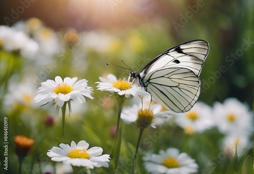 a white butterfly sitting on top of a white flower in a field © Wirestock