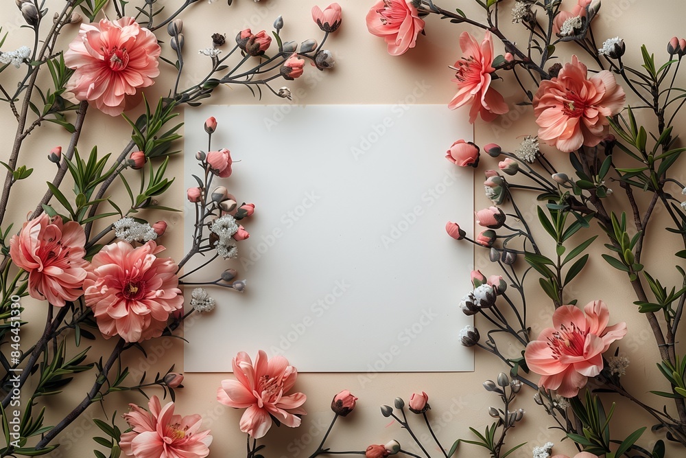 A close-up flat lay image of pink flowers arranged around a blank white card A close-up flat lay image of pink flowers arranged around a blank white card