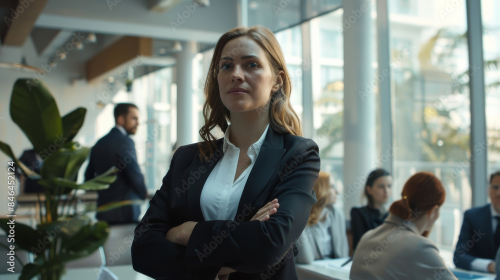 Obraz premium A confident businesswoman in a sleek suit stands with arms crossed in a modern office, exuding leadership amidst bustling colleagues.