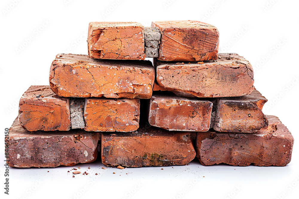 A pile of old broken bricks on a white background. Generated by artificial intelligence A pile of old broken bricks on a white background. Generated by artificial intelligence
