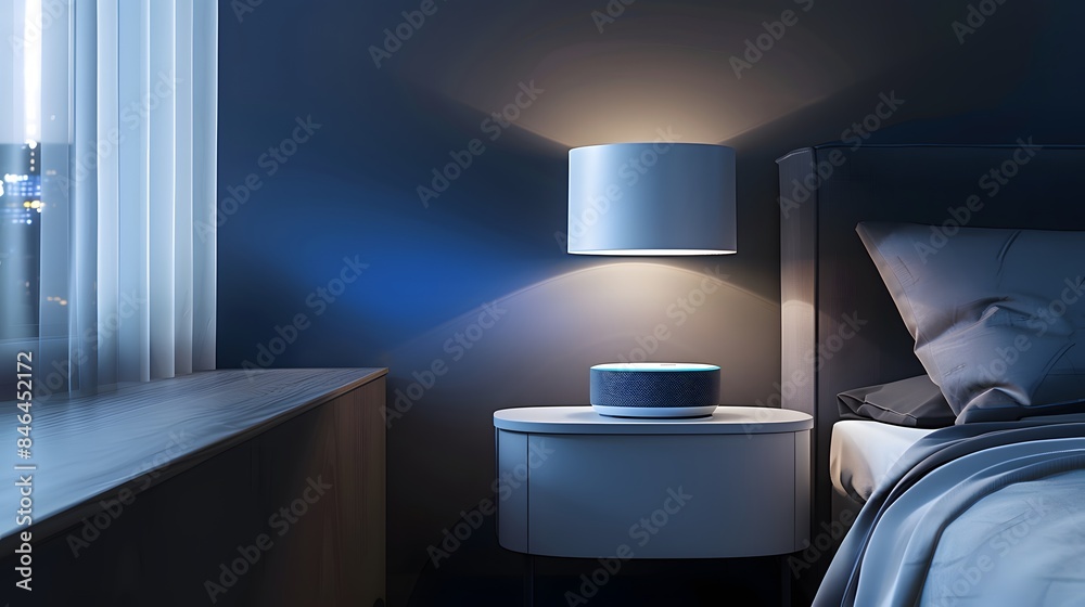 A sleek, round grey and white smart speaker sitting on top of an evening table next to the bed in a dark blue bedroom. The nightstand is illuminated by warm light from a lamp. A sleek, round grey and white smart speaker sitting on top of an evening table next to the bed in a dark blue bedroom. The nightstand is illuminated by warm light from a lamp.