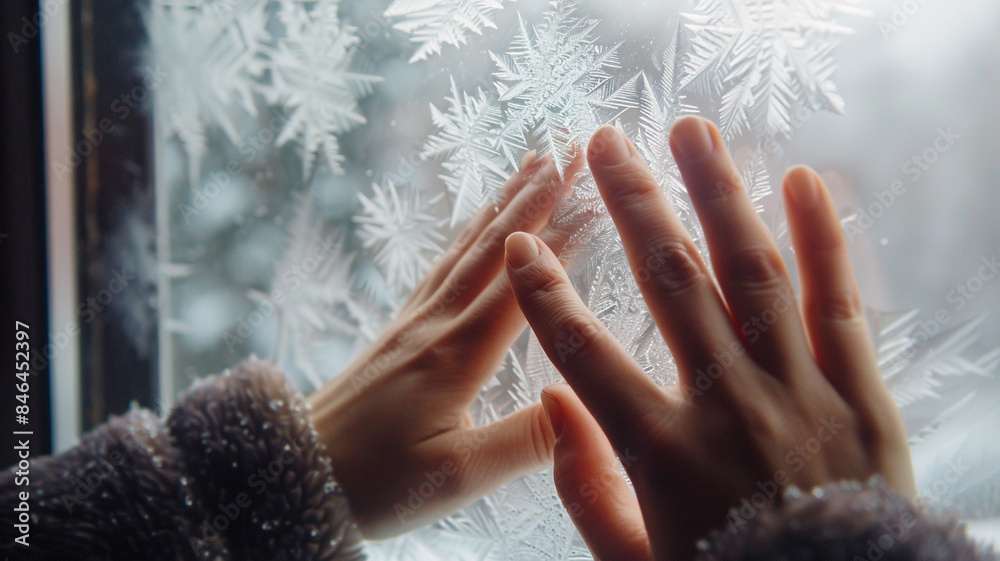 Hand gently touching a frosted window Hand gently touching a frosted window