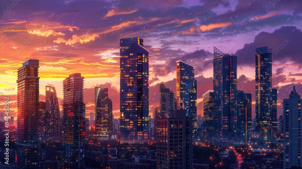 Modern landscape with tall buildings at sunset modern concept. Modern landscape with tall buildings at sunset modern concept.