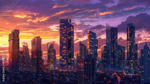 Modern landscape with tall buildings at sunset modern concept.