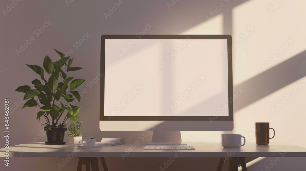 A tidy home office setup basks in gentle sunlight, featuring a computer monitor, coffee mug, lush plants, and a minimalist design aesthetic. A tidy home office setup basks in gentle sunlight, featuring a computer monitor, coffee mug, lush plants, and a minimalist design aesthetic.