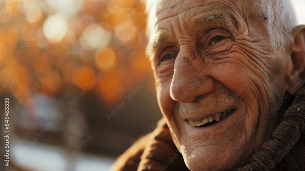 Elderly man, content and smiling, bathed in autumn sunlight, reflecting the beauty of aging and the warmth of cherished life moments. Elderly man, content and smiling, bathed in autumn sunlight, reflecting the beauty of aging and the warmth of cherished life moments.