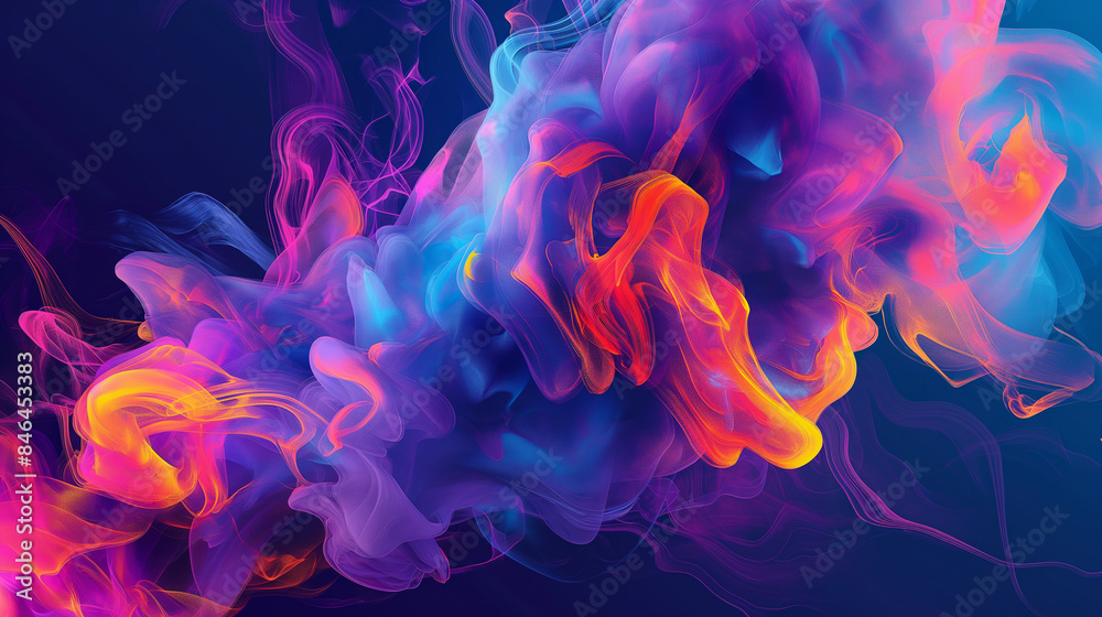 Fototapeta premium Vibrant abstract smoke swirling in colorful patterns against a dark background, abstract art concept. Background with copy space