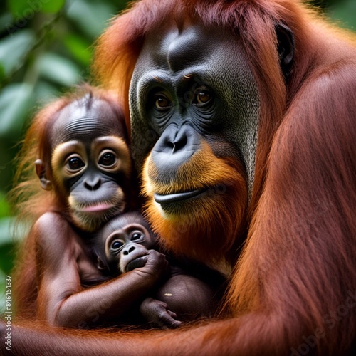AI generated illustration of two adult and one baby Sumatran orangutans in lush jungle habitat photo