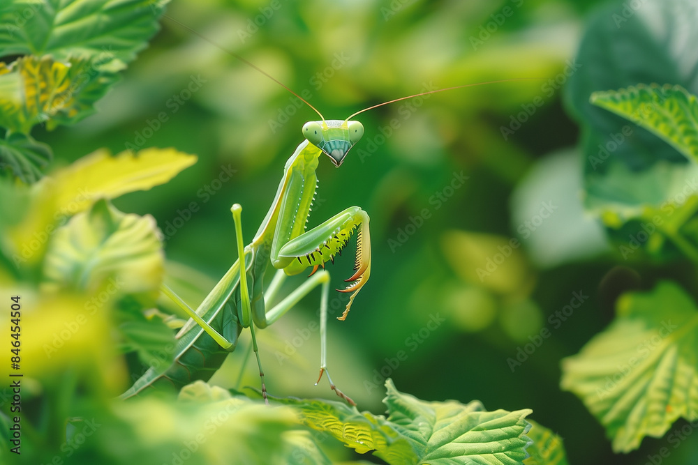 AI generated illustration of a mantis perched on a leafy branch with lush foliage in the background AI generated illustration of a mantis perched on a leafy branch with lush foliage in the background