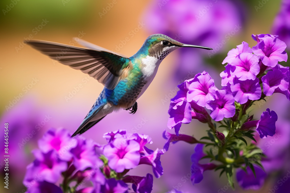 AI generated illustration of a hummingbird on a purple flower amid purple blooms AI generated illustration of a hummingbird on a purple flower amid purple blooms
