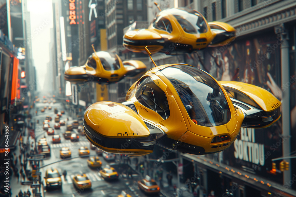 Φωτογραφία AI generated illustration of yellow cars soaring above a city street