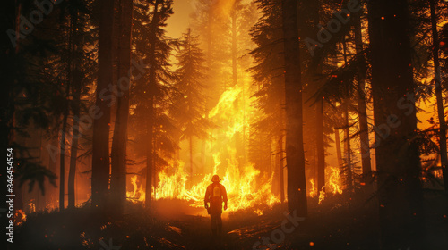 A lone firefighter’s silhouette against the blazing backdrop of a forest fire, emphasizing courage amidst chaos. © VK Studio