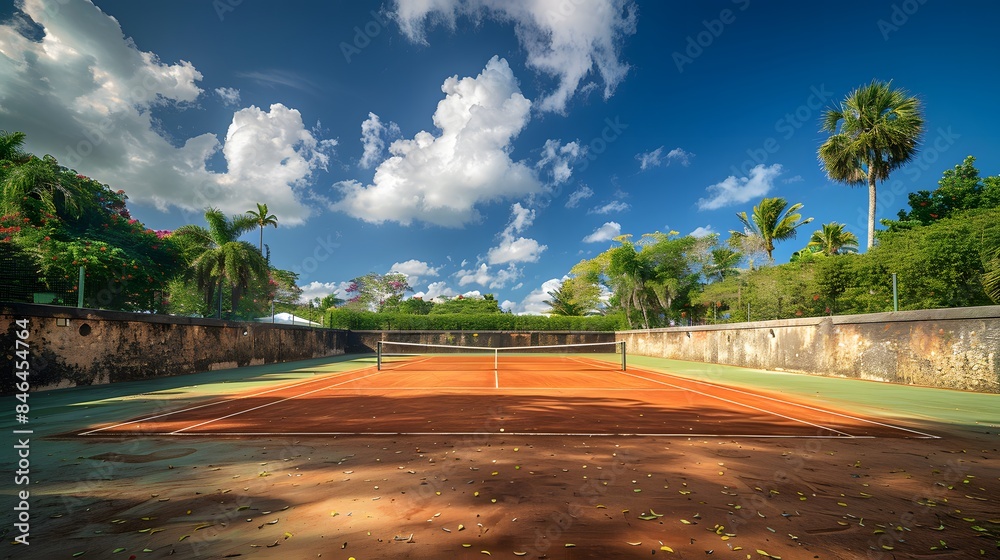 A wideangle view of an outdoor tennis court in the Caribbean, featuring red clay surface and green walls on both sides under bright blue sky with white clouds. A wideangle view of an outdoor tennis court in the Caribbean, featuring red clay surface and green walls on both sides under bright blue sky with white clouds.
