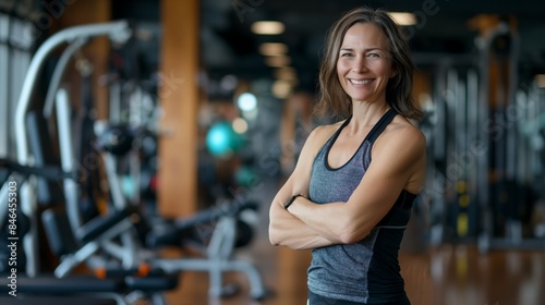 Middle-aged Female Fitness Trainer in Gym, Promoting Health and Wellness, Exercise and Training Routine Stock Photo