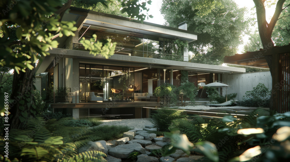 A modern, elegantly designed house seamlessly blending with lush, green surroundings, featuring large windows and an inviting outdoor space. A modern, elegantly designed house seamlessly blending with lush, green surroundings, featuring large windows and an inviting outdoor space.