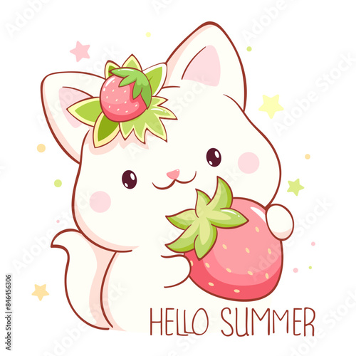 Cute season card in kawaii style. Lovely little cat with strawberry. Inscription Hello summer. Can be used for t-shirt print, sticker, greeting card design. Vector illustration EPS8