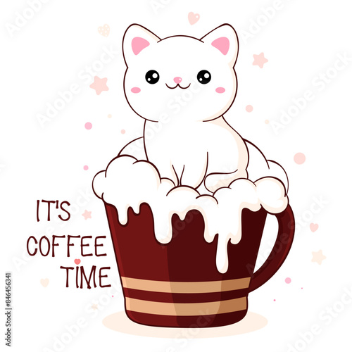 Lovely little cat in cup. Square card with cute animal in cup in kawaii style. Inscription It's coffee time. Can be used for t-shirt print, stickers, greeting card design. Vector illustration EPS8
