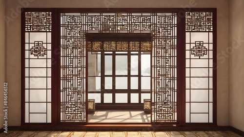Generative AI. Indulge in Eastern luxury with this magnificent Chinese-style room. The rich wooden doors and windows exude a sense of grandeur, while the intricate design pays homage to ancient crafts
