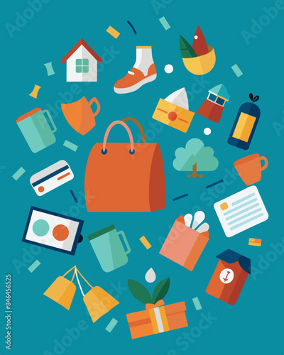 Impulse purchases tered around a household as people realize they didnt really need all the items they purchased during a shopping frenzy.. Vector illustration
