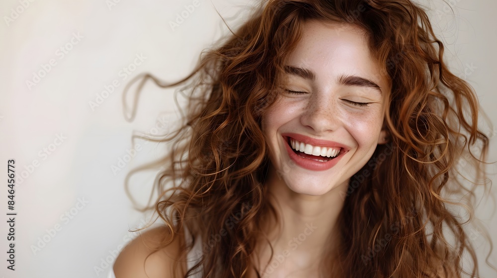 A woman with long hair laughing and smiling, wearing white , against a light background. creating an atmosphere filled with warmth and positivity. A woman with long hair laughing and smiling, wearing white , against a light background. creating an atmosphere filled with warmth and positivity.