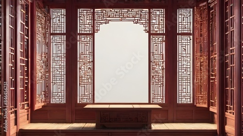 Generative AI. Indulge in Eastern luxury with this magnificent Chinese-style room. The rich wooden doors and windows exude a sense of grandeur, while the intricate design pays homage to ancient crafts