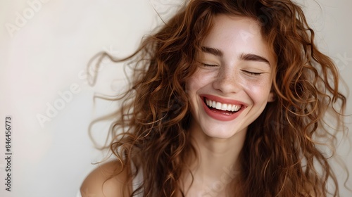 A woman with long hair laughing and smiling, wearing white , against a light background. creating an atmosphere filled with warmth and positivity.