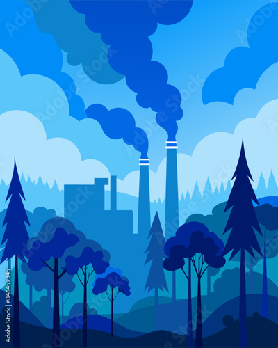 The clear blue skies once visible through the thick forest canopy are now masked by a thick layer of smog emitted from factories.. Vector illustration