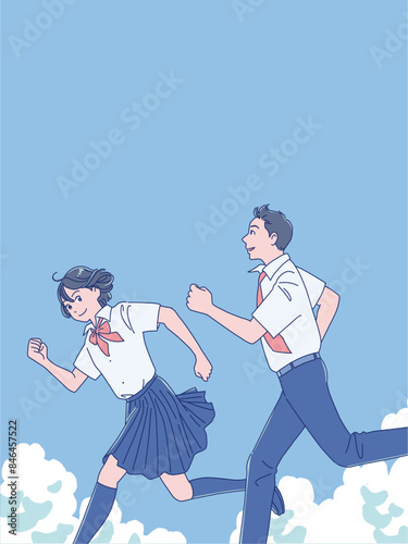 笑顔で走り出す男女の学生