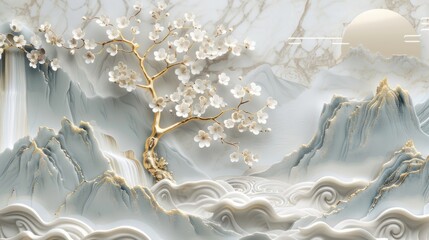 3D wallpaper with a white tree and golden leaves, a marble background with a landscape.