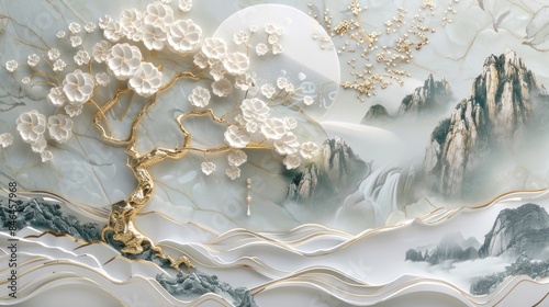3D wallpaper with a white tree and golden leaves, a marble background with a landscape.