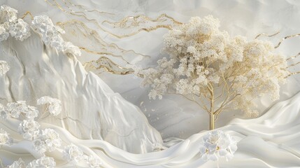 3D wallpaper with a white tree and golden leaves, a marble background with a landscape.