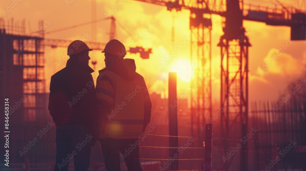 Engineer workers standing on a construction site and watching the sunset with building silhouettes in the background. Engineer workers standing on a construction site and watching the sunset with building silhouettes in the background.