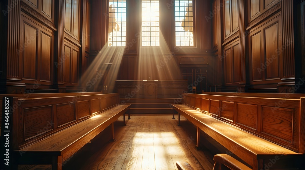 Obraz premium An empty courtroom with wooden pews and a judge's bench, bathed in warm light from the windows, creating an atmosphere of anticipation for someone to be brought before them.