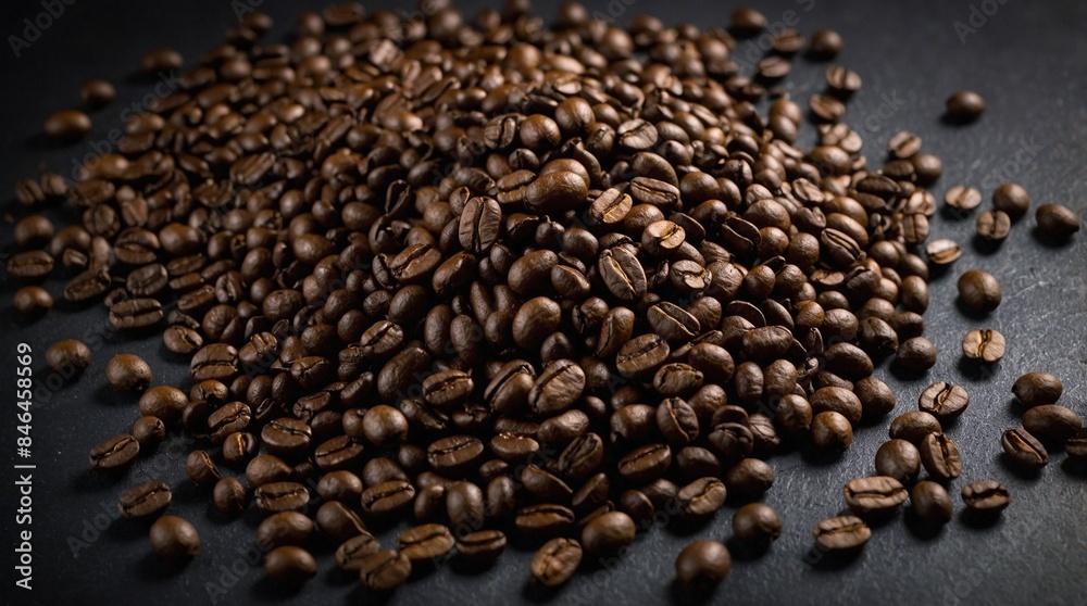 AI generated illustration of a pile of roasted coffee beans on a dark matte surface AI generated illustration of a pile of roasted coffee beans on a dark matte surface