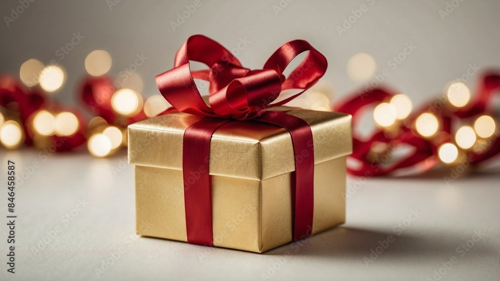 AI generated illustration of a gift box with a red ribbon against bokeh lights AI generated illustration of a gift box with a red ribbon against bokeh lights