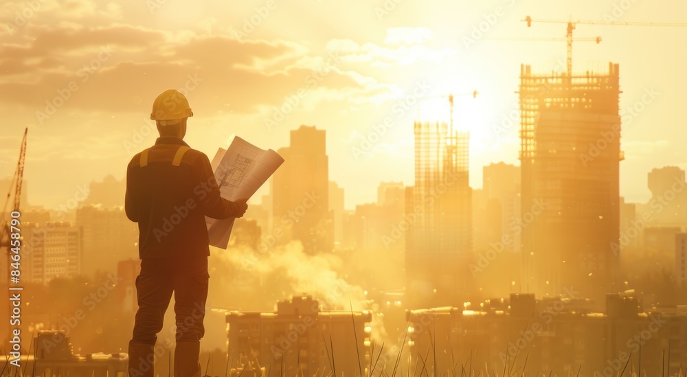Engineer workers standing on a construction site and watching the sunset with building silhouettes in the background. Engineer workers standing on a construction site and watching the sunset with building silhouettes in the background.
