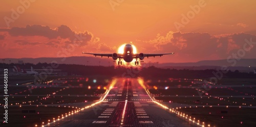 aeroplane taking off from an airport runway at sunset