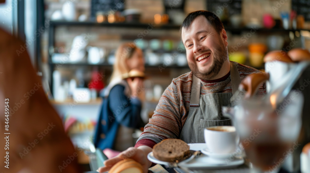 A friendly barista with a beaming smile serves a plate of fresh pastries and a cup of coffee to a customer in a laid-back and welcoming coffee shop. A friendly barista with a beaming smile serves a plate of fresh pastries and a cup of coffee to a customer in a laid-back and welcoming coffee shop.