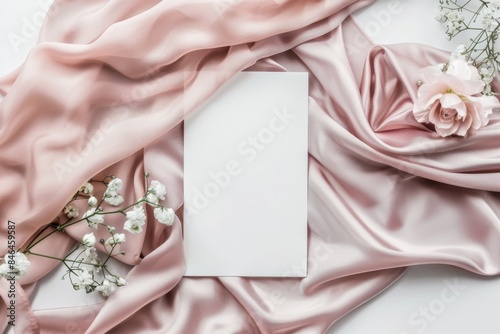 A5 white card mockup, flat lay on top of wedding invitation with blush pink silk fabric and flowers