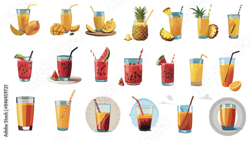 glass of Orange, Mango, watermelon Juice, Summer drink, fruit Drink, cafe, bar, restaurant, menu illustration. Summer special edition. Juice Vector Illustration - High Quality