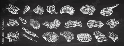 Set of hand-drawn sketches of different types of meat, steaks, ribs, chicken, kebabs, bacon, tenderloin, pork, beef, ham, barbecue. Vintage illustration on chalkboard background.