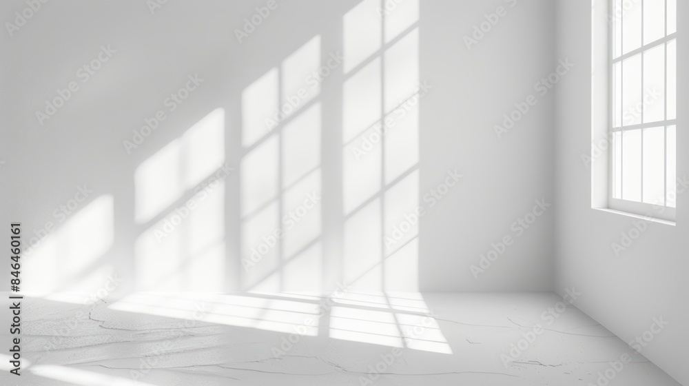 3D rendering of window shadow on a white wall background with a floor. 3D rendering of window shadow on a white wall background with a floor.